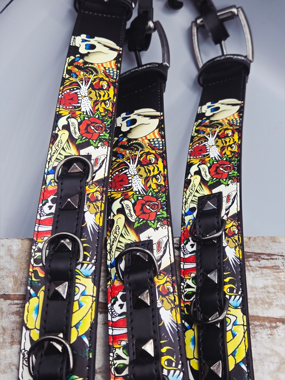 Ed Hardy Black Leather Belt with Multicolor Skull & Flame Motif